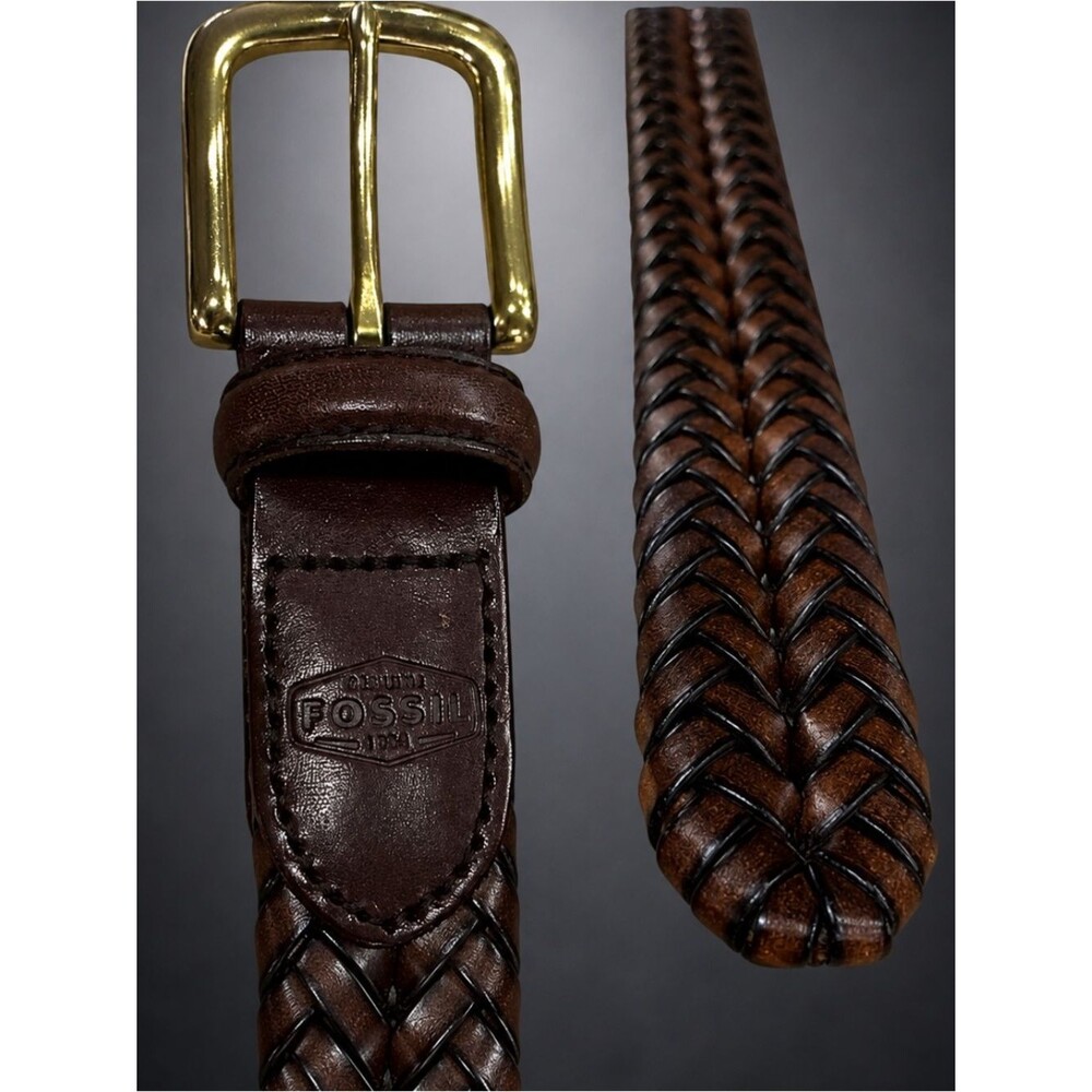 Fossil Vintage Brown Braided Leather Belt Size 34 Brass Buckle LNWT